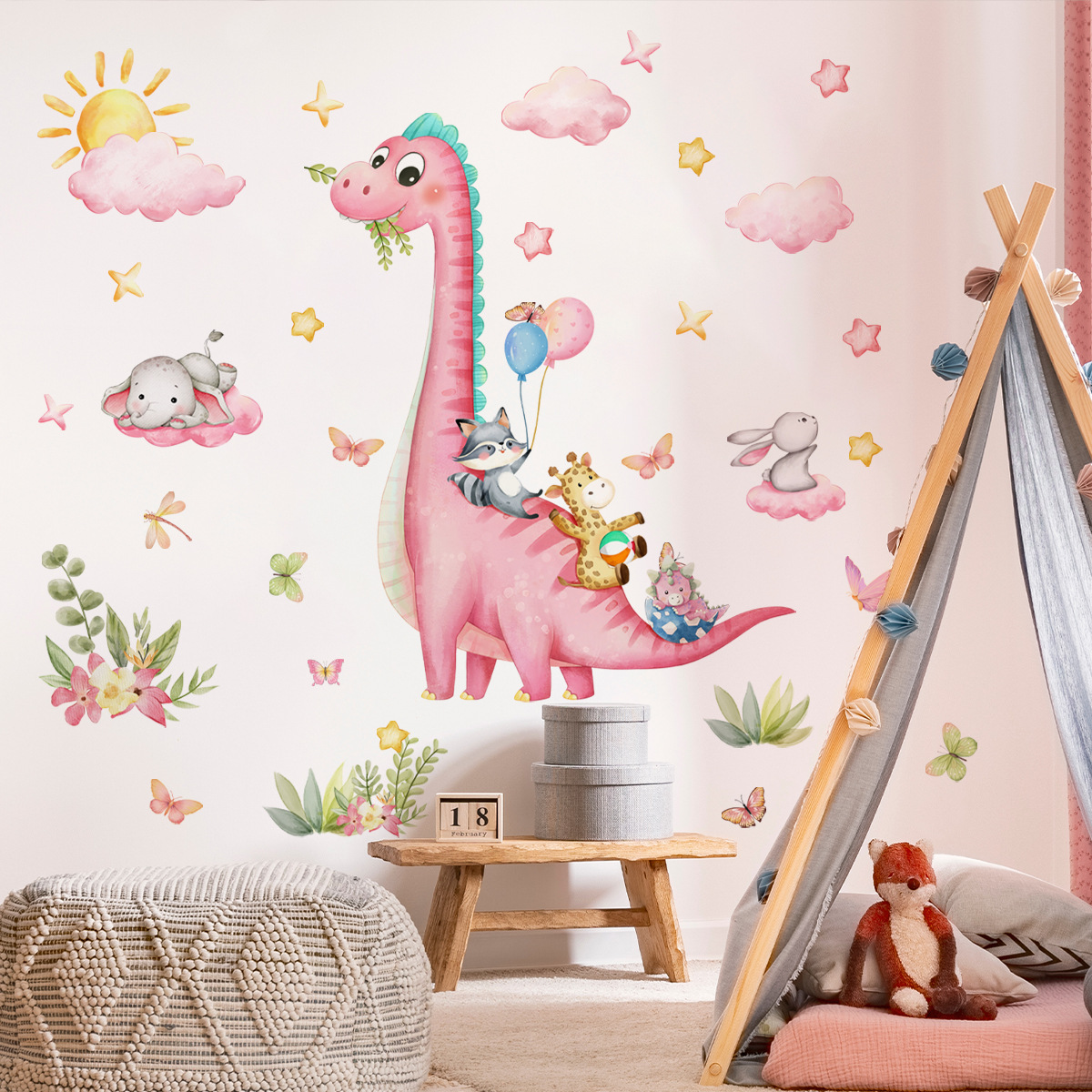 Baby Nursery Pink - Большой мультяшный розовый динозавр, парк животных,