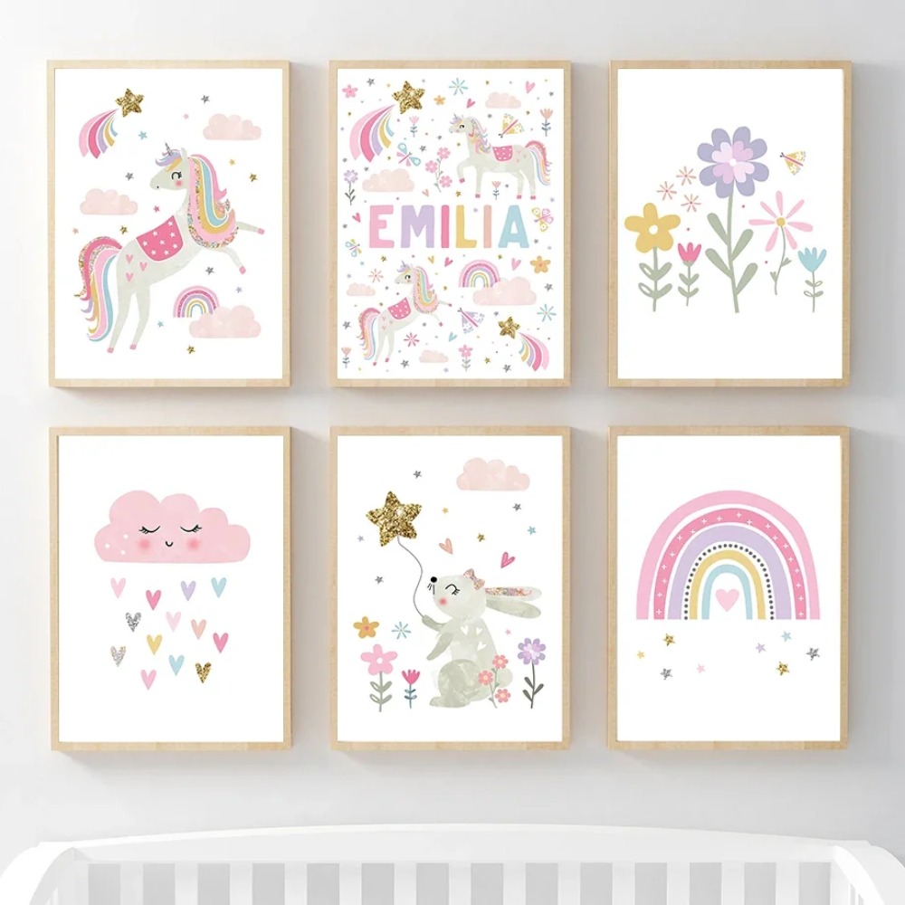 Baby Nursery Pink - Розовый единорог, кролик, радужное облако, цветы,